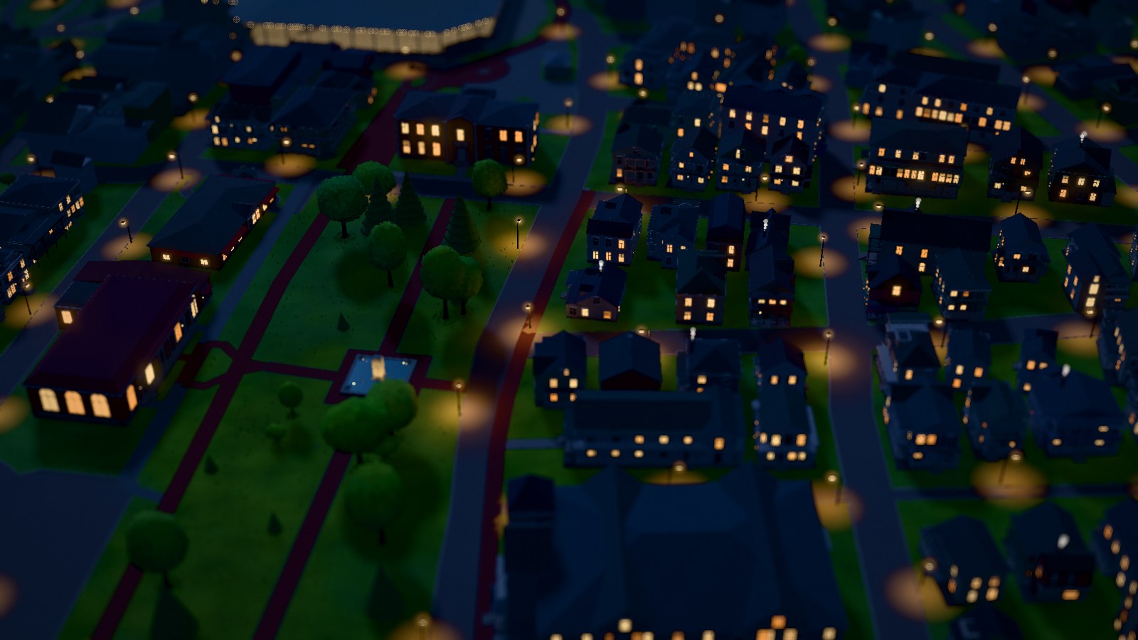 Marstopia at night, windows and street lamps lit