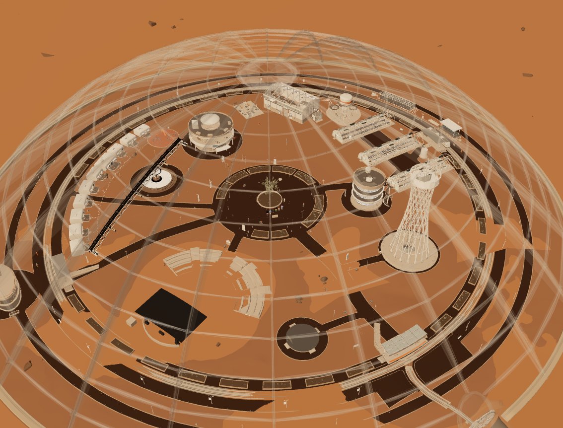 The first Marstopia dome from above: plazas, towers and paths under a glass lattice