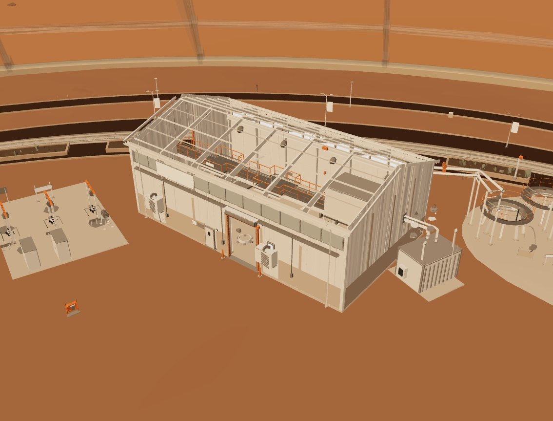 The Marstopia GPU Farm, a glass-roofed hall in the dome