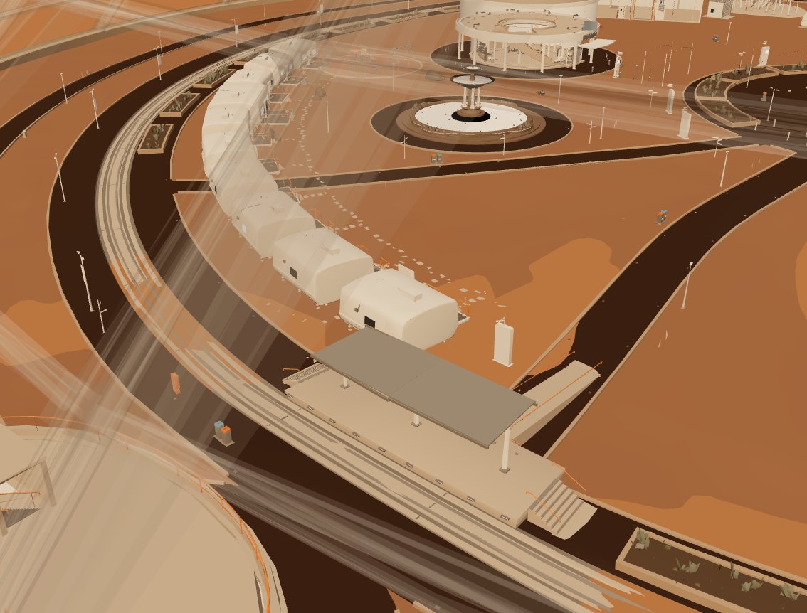 A row of habitation modules along a path in the dome